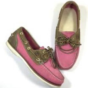 Timberland Pink and Tan Boat Shoes Non Marking Sole Leather Color Block Comfort